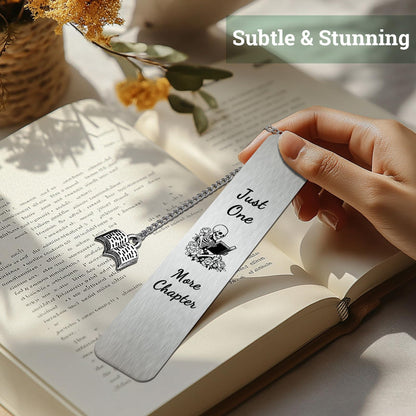 Book Marks for Reading Women Metal Halloween Bookmark - Skeleton Horror Bookmarks for Book Lovers, Just One More Chapter Steel Book Mark