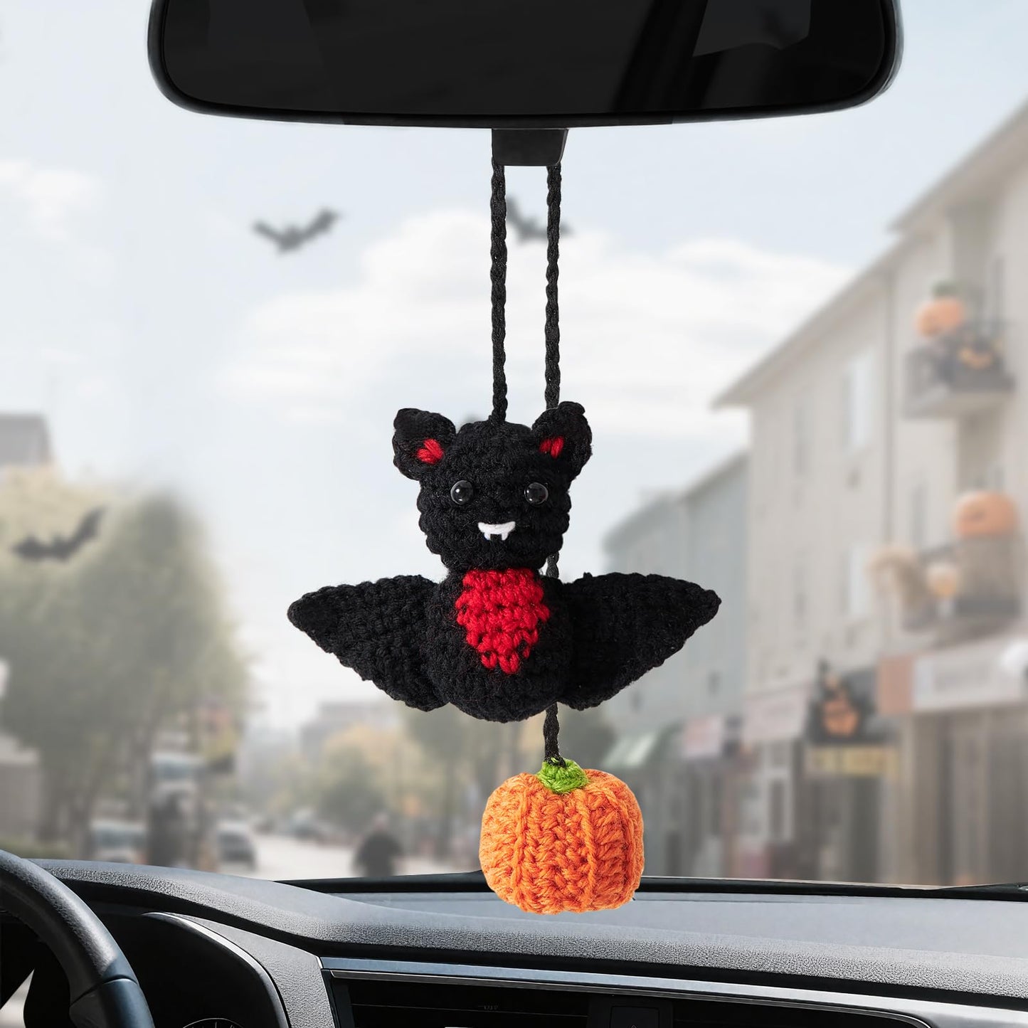 Rislobx Crochet Bat and Pumpkin Car Rearview Mirror Hanging, Knitted Cute Halloween Bat Car Charm Ornament, Handmade Pendant Mirror Decor Auto Interior Accessories (Pumpkin)