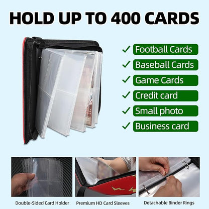 Collectible Trading Card Albums,4 Pocket Card Binder, 400 Double Sided Pocket PU Premium Zip Trading Collection Binderwith 50 Removable Sleeves, Card Folder forTCG, Sports Cards (Red &Blue)