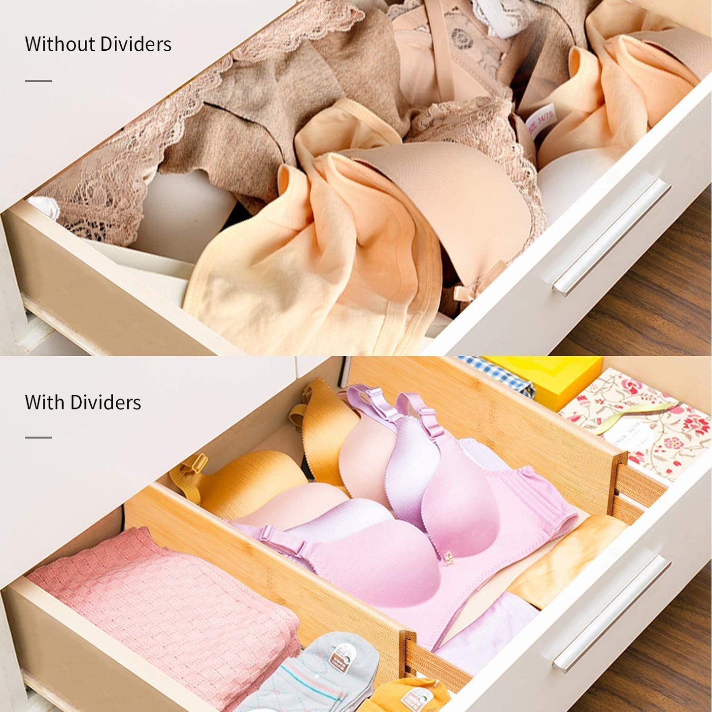 Utoplike 4 pcs Bamboo Kitchen Drawer Dividers Large, Adjustable Drawer Organizers, Spring Loaded, Expandable Organization Works in Kitchen, Dresser, Bathroom, Bedroom, Drawer, Desk