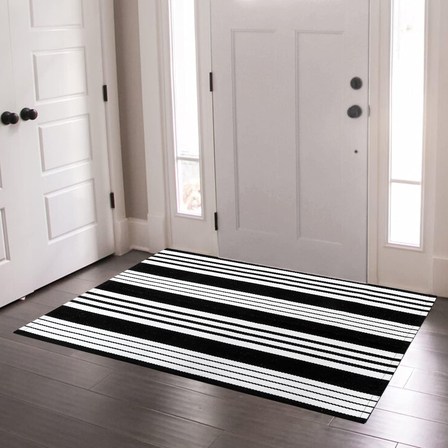 OJIA Black & White Outdoor Rug 3x5 Cotton Hand-Woven Striped Porch Rugs Machine Washable Entryway Rug Indoor Outdoor Area Rug Front Door Rug Floor Mat for Farmhouse/Living Room/Home Entrance