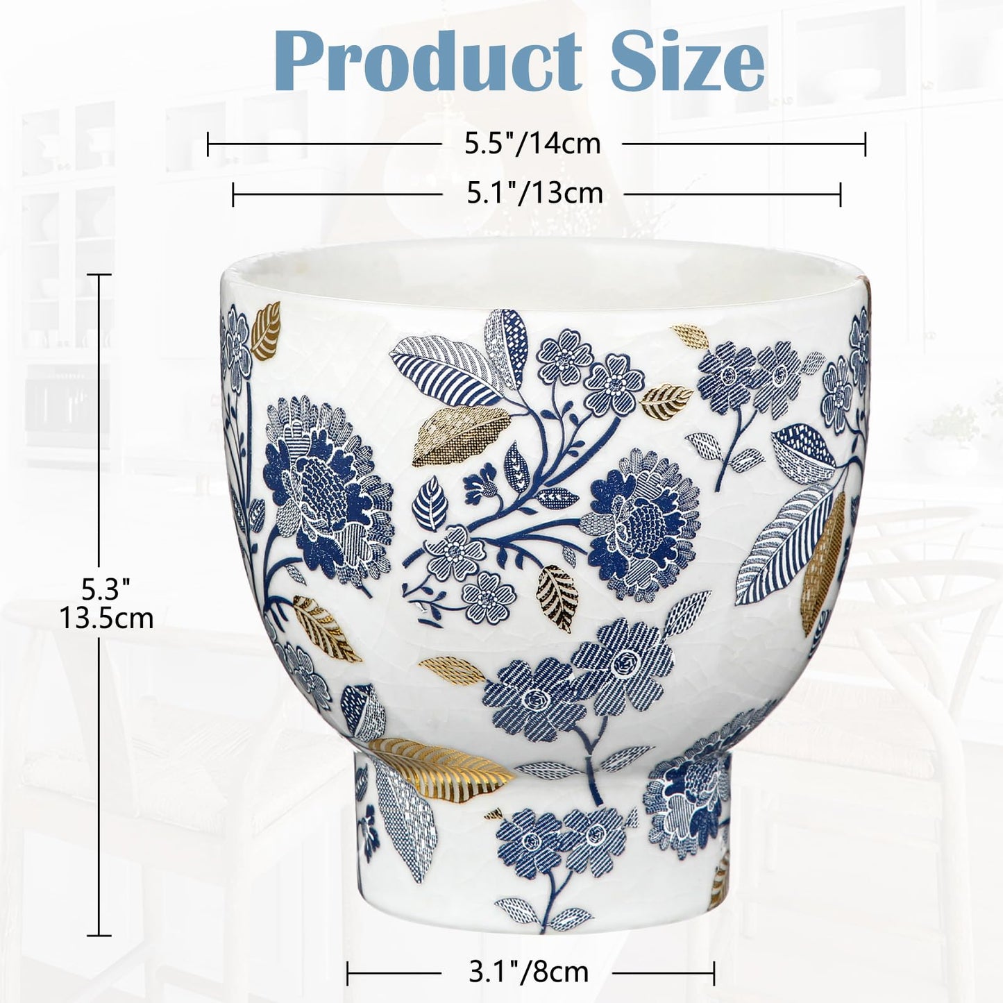 5.5 Inch Decorative Flower Pots, Blue and White Plant Pot Gold Accent Ceramic Planters for Indoor Plants Pots with Drainage Retro Planter Pot for Succulents Cactus Herb Snake Plants Outdoor Garden