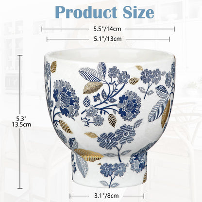 5.5 Inch Decorative Flower Pots, Blue and White Plant Pot Gold Accent Ceramic Planters for Indoor Plants Pots with Drainage Retro Planter Pot for Succulents Cactus Herb Snake Plants Outdoor Garden