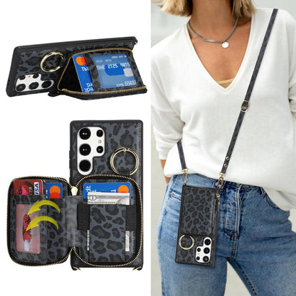 Hamany Crossbody Wallet Case for Galaxy S24 Ultra, PU Leather Zipper Handbag Purse Flip Cover, Kickstand Folio Case with Card Slots Holder Wrist Strap Lanyard -Black Leopard