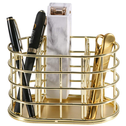 Nugorise Pen Holder, 3 Compartment Metal Pencil Holder Stationery Organizer, Decorative Desktop Storage Holder for Office Supplies, Gold