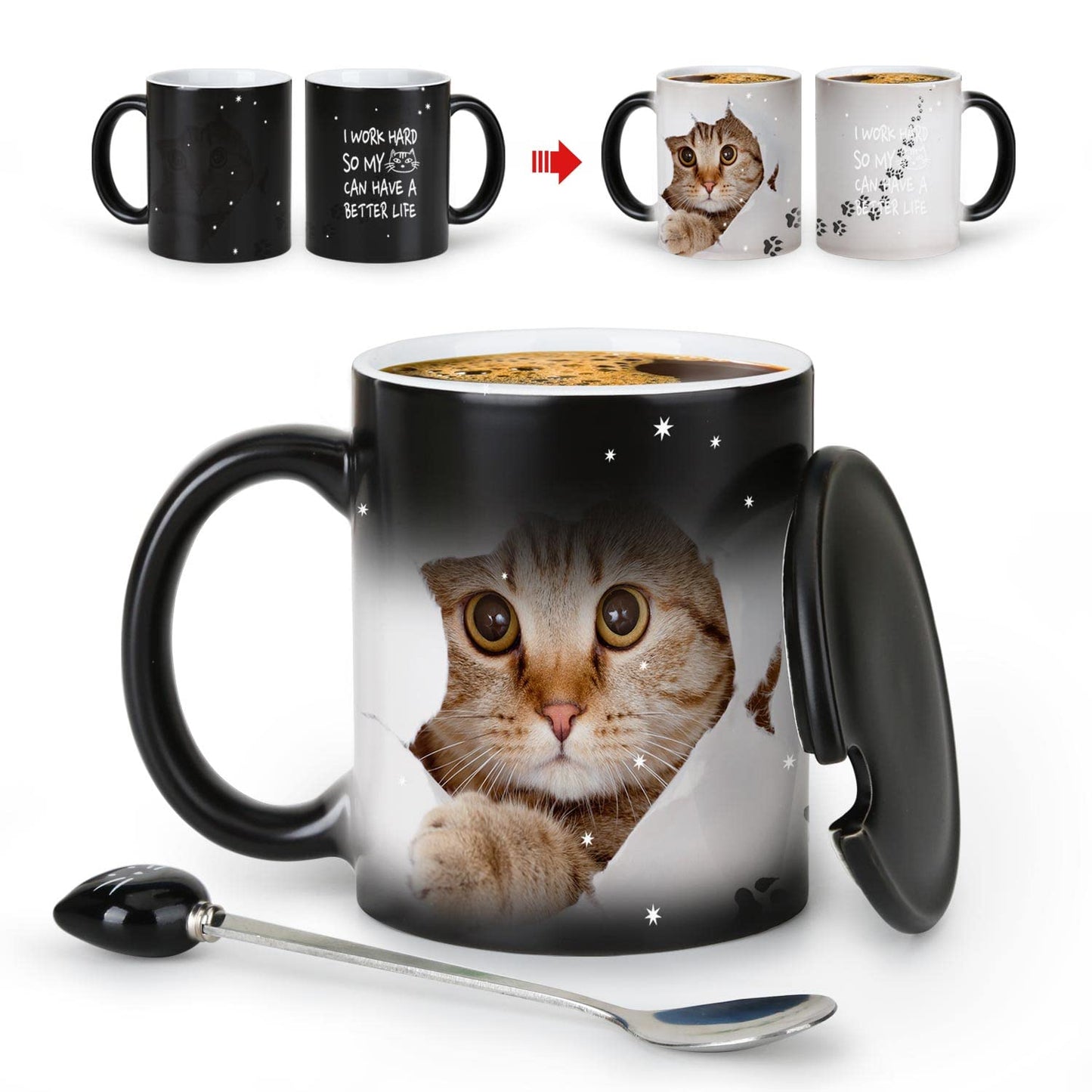 MUGKISS Color Changing Coffee Mug 11oz - I Work Hard So My Cat Can Have a Better Life - Halloween Cat Cup With Black Lid and Head Spoon, Gifts for Birthday, Christmas