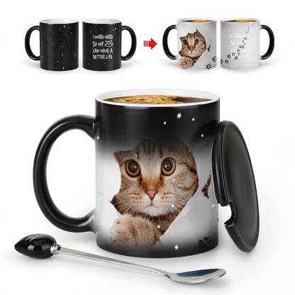 MUGKISS Color Changing Coffee Mug 11oz - I Work Hard So My Cat Can Have a Better Life - Halloween Cat Cup With Black Lid and Head Spoon, Gifts for Birthday, Christmas