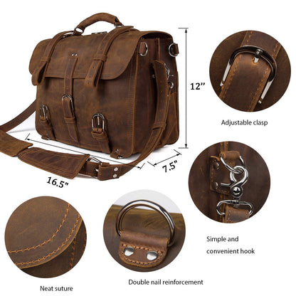 Augus Leather Messenger Bag for Men Briefcase Travel Backpack Shoulder Bag Fit 17'' Laptop
