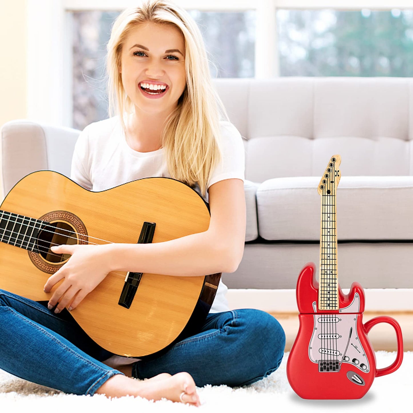 LUCYLANKER Electric Guitar Shaped Ceramic Mug, Novelty Music Themed Coffee Cup, Creative Drinkware for Tea, Funny Birthday, Halloween, Christmas Gift for Musicians & Rock Lovers, 15 oz (Red)
