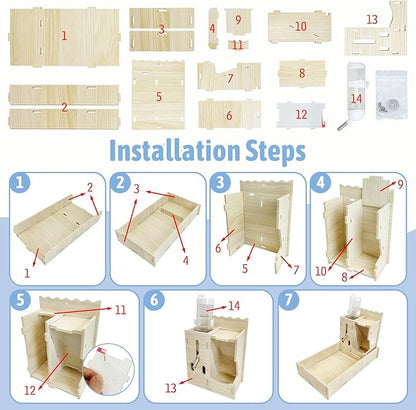 Hamiledyi 3 in 1 Wooden Hamster Feeder Dispenser Hanging Dwarf Hamster Food Bowl & Water Bottle with Removable Litter Box Small Animal Feeder for Hamsters Mouse Gerbil (11" x 5.7" x 7.5")