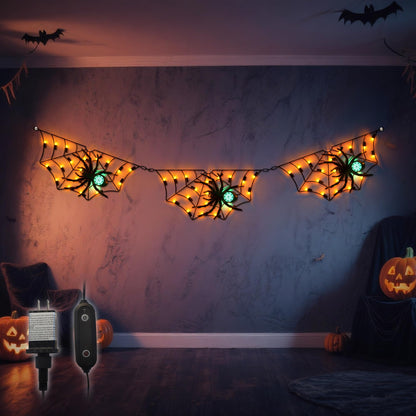 Halloween Decorations Spider Web Lights - 52.8 Inch/4.4 ft Connected Cobweb with Scary Spiders, 54 Orange & 3 Green LEDs, Timer Function, Lighted Spider Nets for Indoor Ourdoor Yard Patio
