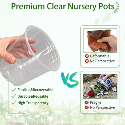 THEIFOXONE 9 Sets 7/8/10 Inch Large Clear Nursery Pots with Drainage Holes, Thick Reusable Plastic Plant Pots for Indoor Outdoor Plants, Seedlings, Succulents, Transplanting (7/8/10 inch)