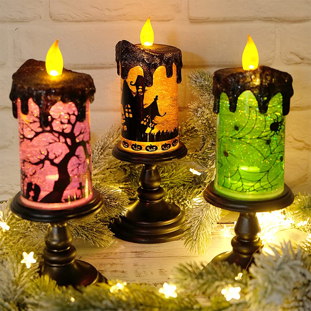 DRomance Halloween Flameless Candle Snow Globe Battery Operated with 6 Hour Timer, Purple Light Ghost Decal Water Tornado Lamp LED Candlestick Halloween Season Decor Gift 4 x 10 Inches