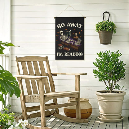 Xipromi Go Away I'm Reading Garden Flag, Funny Skeleton Spooky Halloween Flags for Outside, Porch Outdoor Fall Yard Decor for Book Lovers, Reading Gifts Librarian Gifts for Friend