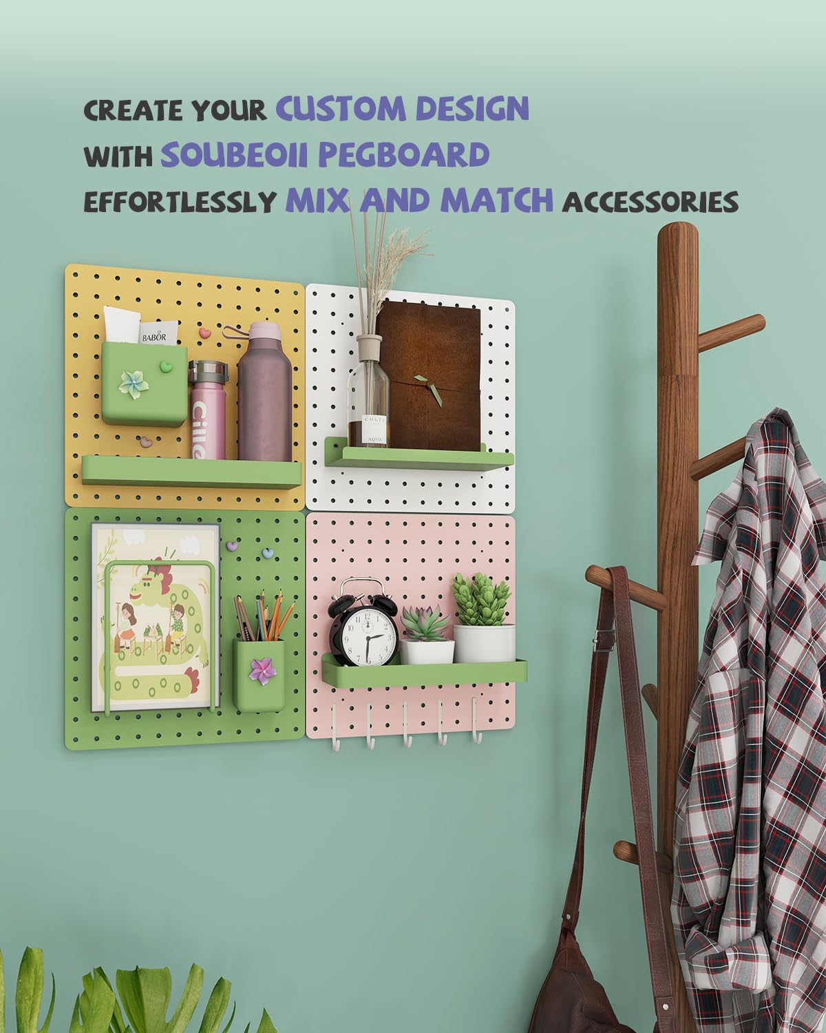 Soubeoii Metal Pegboard Combination Kit — 4 Carbon Steel Pegboards with 26 Accessories, Pegboard Wall Organizer for Home, Office, Study Room, Kitchen, Garage & Craft Room — 24″ × 24″ Yellow Peg Board