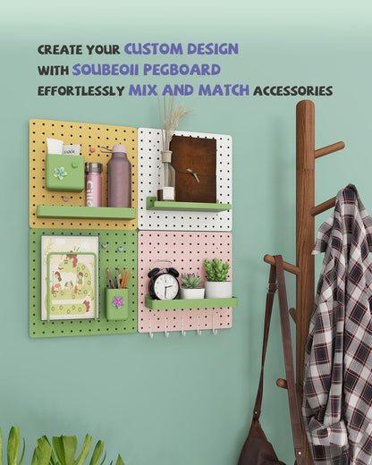 Soubeoii Metal Pegboard Combination Kit — 4 Carbon Steel Pegboards with 26 Accessories, Pegboard Wall Organizer for Home, Office, Study Room, Kitchen, Garage & Craft Room — 24″ × 24″ Yellow Peg Board