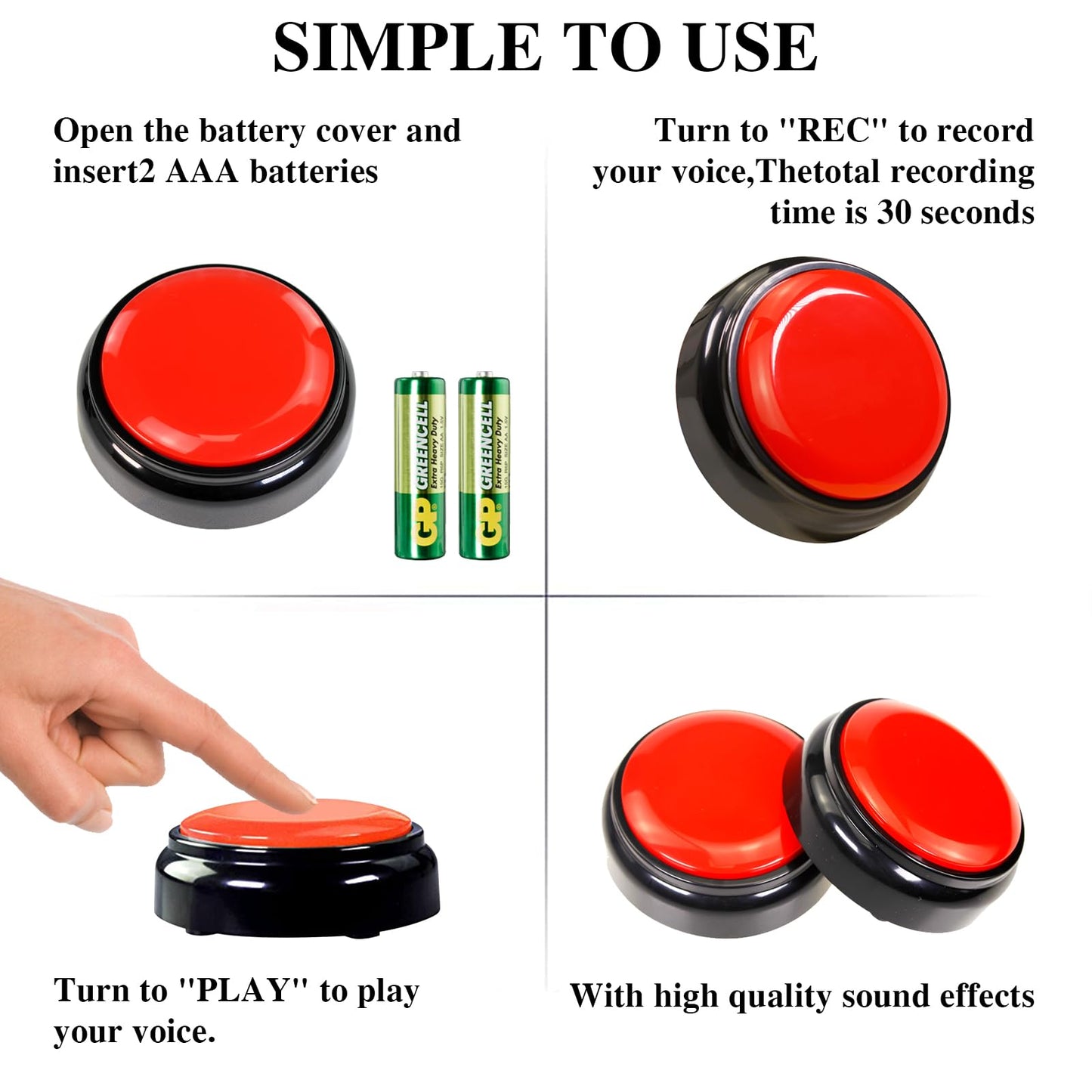 Recording Button,Voice Recorder Button 30 Second,Talking Buttons,Record Sound Button for Gift Education,Easy Button,Funny Office Gift,Includes 2*AAA Batteries (Red)