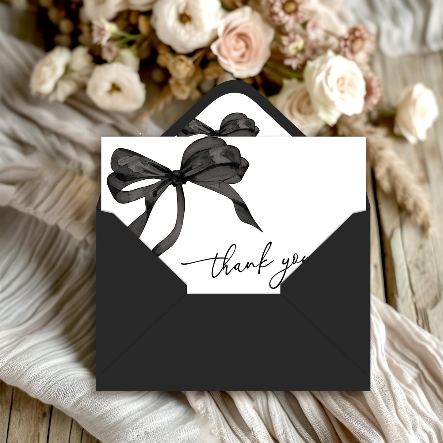 Whaline 24 Pcs Black Bow Thank You Cards with Envelopes and Stickers Watercolor Bow Greeting Cards Black Blank Note Card for Halloween Party Supplies
