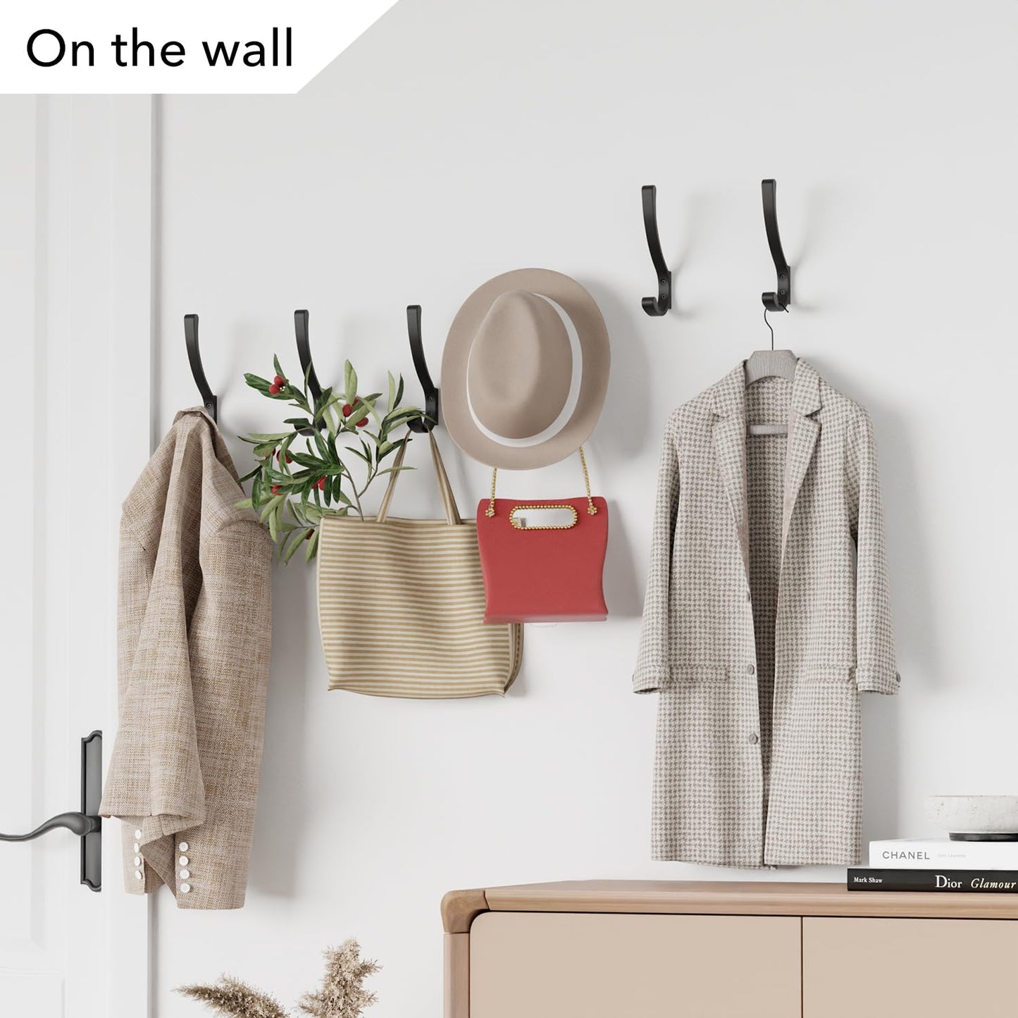 Coat Hanger Hooks Wall Mount - Backpack Hooks,Metal Wall Hooks For Hanging Heavy Duty,Screw In Hooks For Hanging Clothes,Black Coat Hooks For Wall,Purse Hanger For Wall,Wall Mounted Bag Hooks (6 Pack)