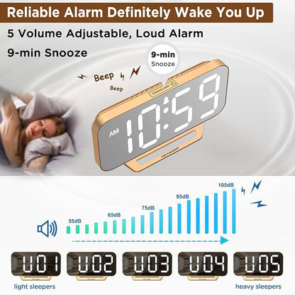 Peakeep Slim Digital Mirror Aesthetic Alarm Clock for Bedrooms Desk Decor - Plug in Electric Big LED Modern Small Clock for Office Living Room, Battery Backup, 6 Dimmers (Gold)