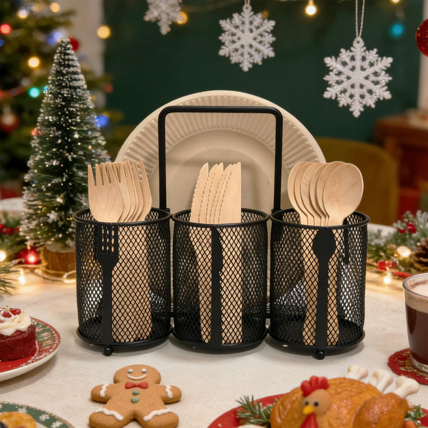 ETlanding Silverware Organizer Utensil Caddy - 4 Compartment Metal Cutlery Holder Flatware Storage Basket Fork Spoon Napkin Paper Plate Kitchen Countertop Party Picnic Camping Buffet Outdoor (Black)
