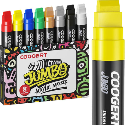 8 Vibrant Colors Jumbo Poster Markers, 15MM Thick Permanent Acrylic Graffiti Markers, Wide Tip Paint Marker for Canvas, Posters Board, Fabric, Window, Wood, Teachers,Banner painting supplies