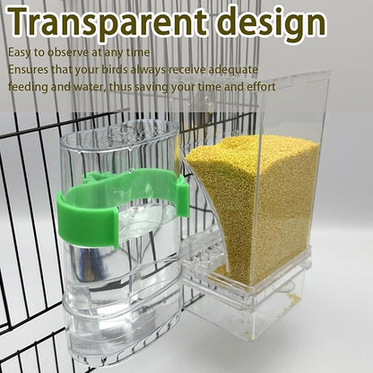 Automatic No Mess Bird Feeder Water Dispenser Set, Acrylic Transparent Parakeet Cage Accessories Bird Feeder and Waterers in Cage for Small and Medium Cockatiels, Finches, Lovebirds