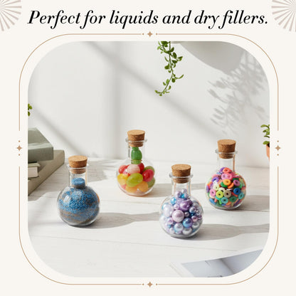 Bokon 50 Pack 1oz Plastic Mini Potion Bottles with Corks, Small Sand Art Jar Tiny Clear Liquor Bottles Bulk Wishing Vial for Birthday Halloween Valentines Party Favor DIY Craft (1.4x1.8 Inch,Round)