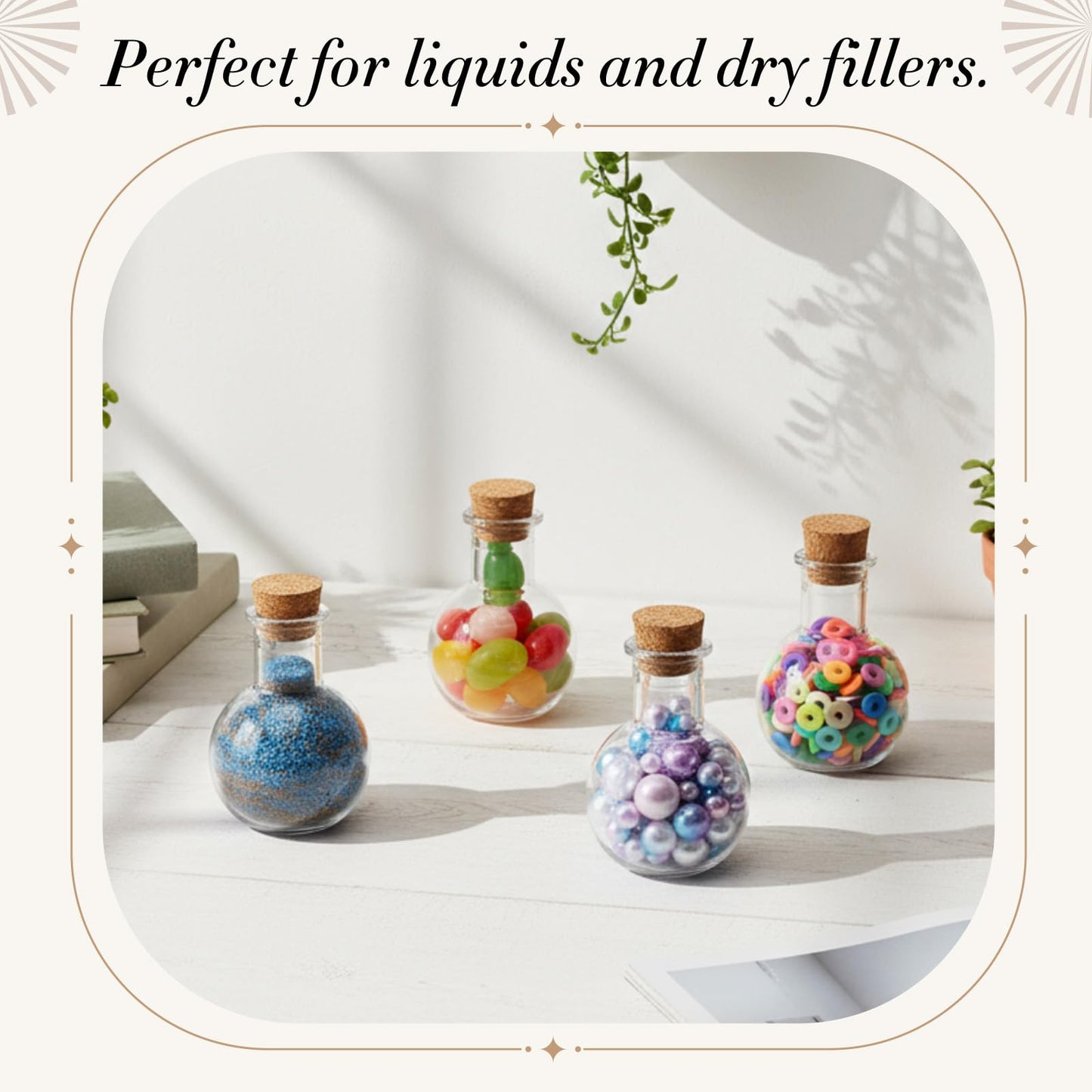 Bokon 25 Pack 1oz Plastic Mini Potion Bottles with Corks, Small Sand Art Jar Tiny Clear Liquor Bottles Bulk Wishing Vial for Birthday Halloween Valentines Party Favor DIY Craft (1.4x1.8 Inch,Round)