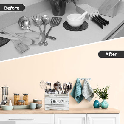 Pyzalar Utensil Holder with 2 Compartments, Utensil Caddy for Kitchen Counter, and Storage for Silverware Fork Spoon Spatula (White)