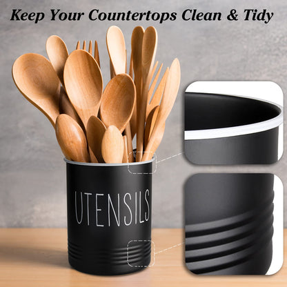 Bivvclaz Kitchen Utensil Holder, 6.7" Utensil Holder for Kitchen Counter, Cooking Utensil Crock with Cork Bottom, Modern Farmhouse Decor, Countertop Utensil Storage Organizer Caddy, Black