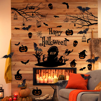 Happy Halloween Wall Decals DIY Black Tree Branches Bat Wall Stickers Funny Boo Pumpkin PVC Home Decal Self-Adhesive Festival Decoration for Holiday Home Party Classroom Office