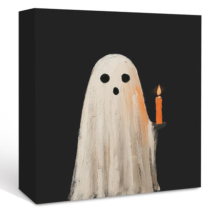 KFXHANGD Halloween Ghosts Wooden Box Sign Desk Decor, Fall Thanksgiving Decoration, Black Fall Ghosts Decoration for Home Office, Black Halloween Ghost Shelf Desk Decor 5x5 Inch