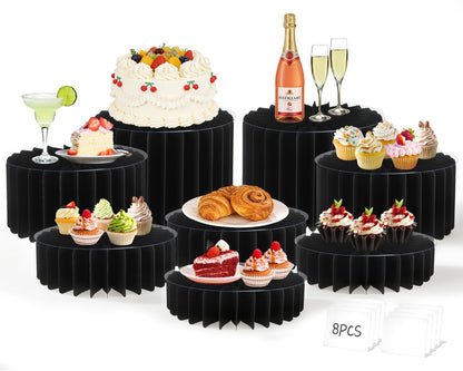 8 Pack Buffet Risers Display Stands, Foldable Food Risers for Buffet Table, Tall Cake Cupcake Stands, Cardboard Cylinder Stand, Dessert Table Display Set for Catering, Jewelry, Wedding, Party Decor (Black)