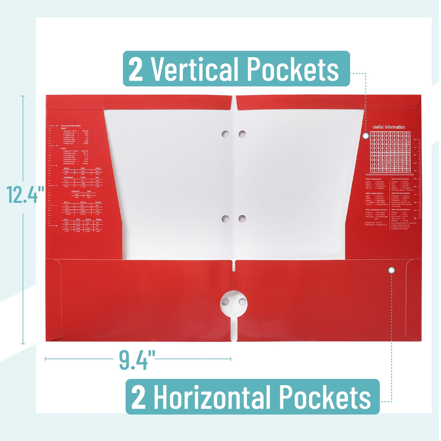 Mr. Pen- 4-Pocket Folders, 4 Pack, 12.5" x 9.5", Vibrant Colors, Tear-Resistant Paper Folders with Pockets 3 Holes Punched, High Capacity, Includes Rulers and Conversion Charts for Binder Organization