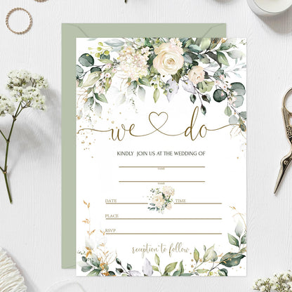 Whaline 25 Sets Greenery Floral Wedding Invitation with Envelopes Stickers Eucalyptus Leaves Fill in Blank Invites Cards for Bridal Shower, 5 x 7 Inch