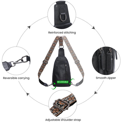 HESHE Leather Sling Bag for Women Crossbody Bags with Multi-Pocket Stylish Fanny Packs for Travel Chest Bag (Black)
