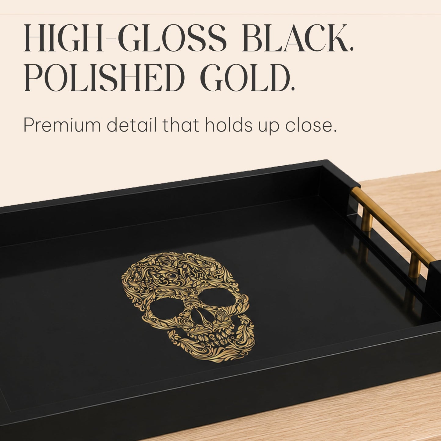 Gothic Skull Serving Tray with Gold Handles – Black Gloss Wooden Ottoman Tray for Coffee Table, Bar, or Kitchen – Elegant Gothic Decor & Unique Gift for Halloween, Horror & Alternative Style Lovers