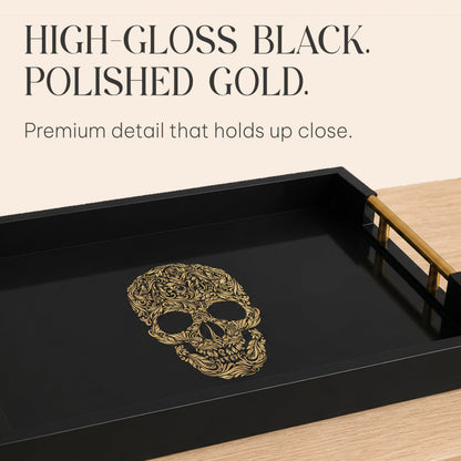 Gothic Skull Serving Tray with Gold Handles – Black Gloss Wooden Ottoman Tray for Coffee Table, Bar, or Kitchen – Elegant Gothic Decor & Unique Gift for Halloween, Horror & Alternative Style Lovers
