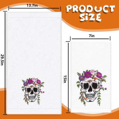 JarThenaAMCS 2 Pcs Halloween Skull Hand Towels Flower Skull Embroidered Cotton Towel Dish Towel with Ribbon for Kitchen Bathroom Drying Cleaning, 29.5 x 13.7 Inch