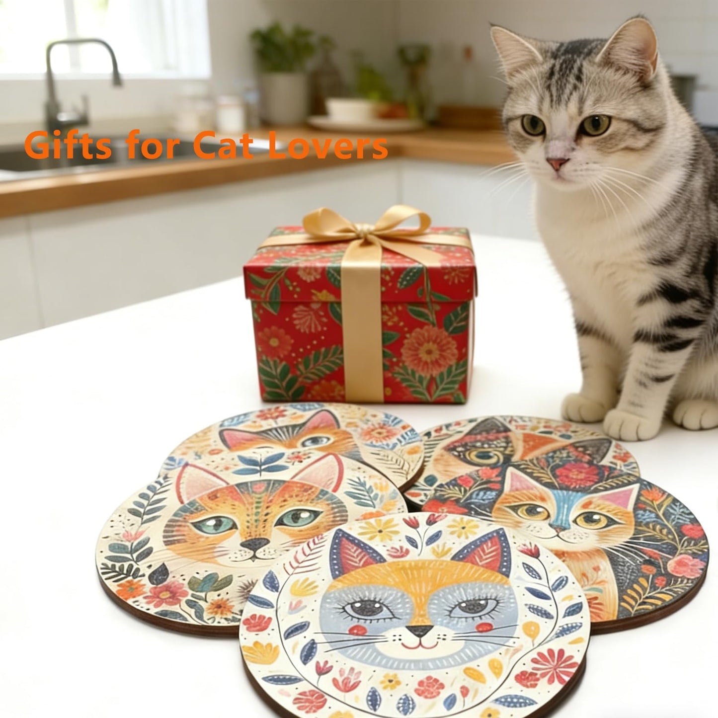 Coasters Set of 6, Cute Drink Coasters for Cat Lovers, Thick Heat-Resistant Wood Coasters for Coffee, Office, Bar & Tabletop Protection, Funny Home Decor |NAJIKA