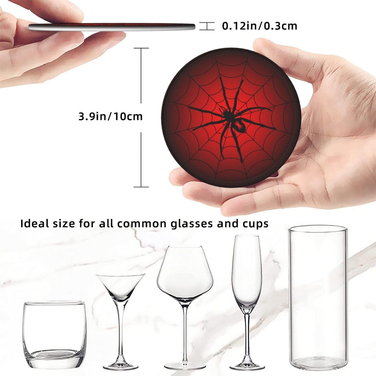 Spider Coasters for Drinks with Holder Leather Coasters Set of 6 Cute Halloween Drink Coasters Sets for Living Room Kitchen Coffee Bar Table