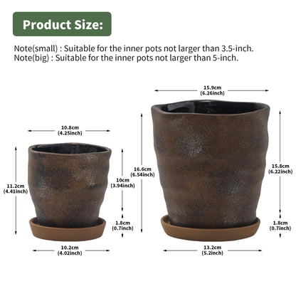 Pkeo Bbun 4+6 Inch Ceramic Planter Set of 2 with Drainage Hole and Saucer for Plants, Indoor-Outdoor Large Irregular Succulent Orchid Flower Pot- Cement Paint, Inner-pots not Larger Than 5 Inch
