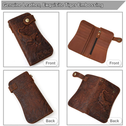 Yevabo Retro Full-grain Genuine Leather Long Wallet Tiger Embossed Bi-fold Clutch Wallet with Anti-Theft Chain, Card Holder Zipper Coin Purse for Men, Brown