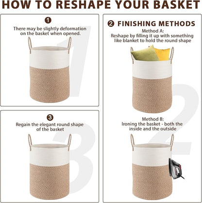OIAHOMY Large Laundry Basket Hamper - 100L Cotton Rope Woven Basket for Blankets, Toys, Clothes - Tall Decorative Nursery Hamper with Long Handles, Grey/White