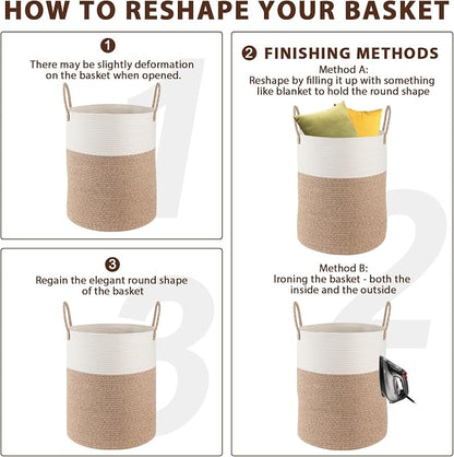 OIAHOMY Large Laundry Basket Hamper - 60L Cotton Rope Woven Basket for Blankets, Toys, Clothes - Tall Decorative Nursery Hamper with Long Handles, Yellow/Black