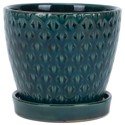 Napco Geometric Triangle 4.75 x 5.5 Inch Teal Green Ceramic Flower Pot Planter with Saucer