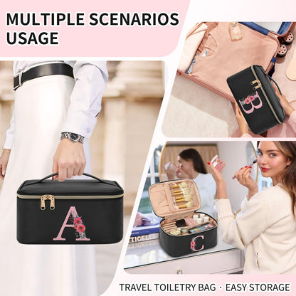 OCHEAL Initial Makeup Bag,Monogram Make up Bag Black Travel Makeup Organizer Case Beauty Toiletry Cosmetic Bag with Brush Holder, Trendy Stuff Personalized Gifts for Women and Girls-A