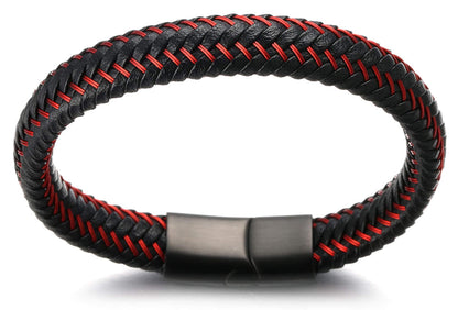 Halukakah ● Jazz ● Men's Genuine Black Leather Bracelet Black Titanium Magnetic Clasp 8.5" Free Giftbox (Maserati Red 8.5 inches)