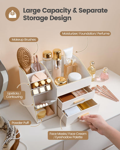 Lolalet Makeup Organizer Countertop with Drawers, Easy to Clean PU Leather Storage Box, 3-Layer Cosmetic Holder for Skincare, Lipstick, Perfume & Brush, Display Case for Vanity Dresser Bathroom -Cream